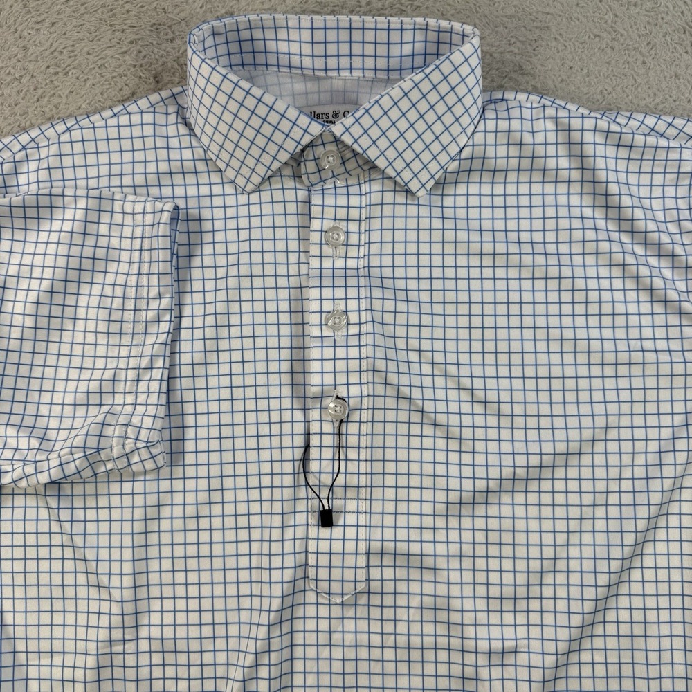 Collars and Co Polo Men Small White Blue Check Dress Collar Short Sleeve Stretch